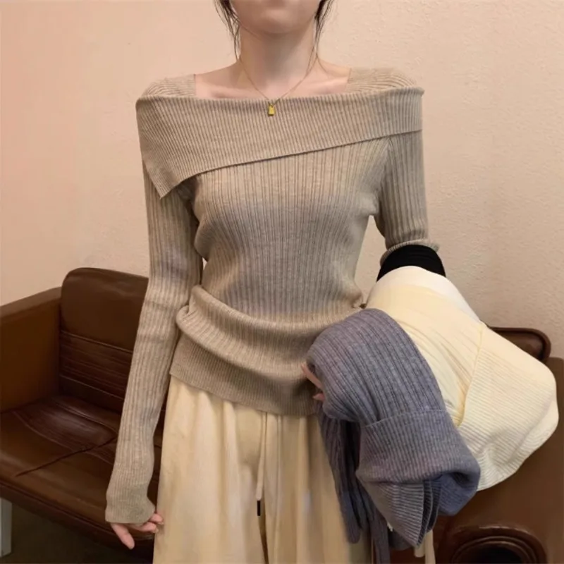 Solide Sexy Schlank Off Schulter Slash Neck Langarm Stricken Pullover Frauen Jumper Büro Mode Neue