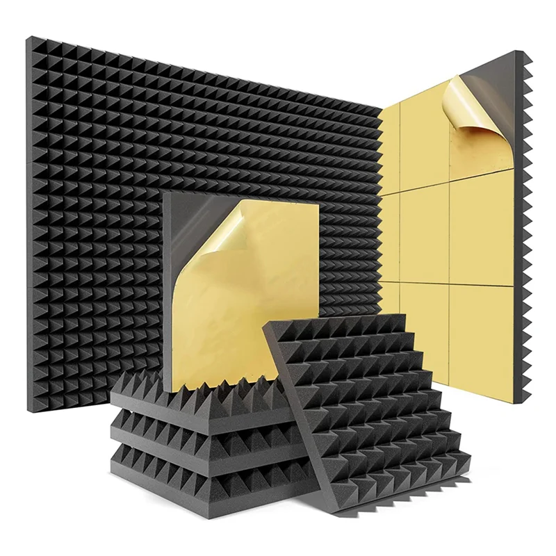 Painéis de espuma à prova de som pirâmide AT43-48 Pack com painéis autoadesivos de espuma acústica de 12 x 12 x 2 polegadas de alta densidade (preto)