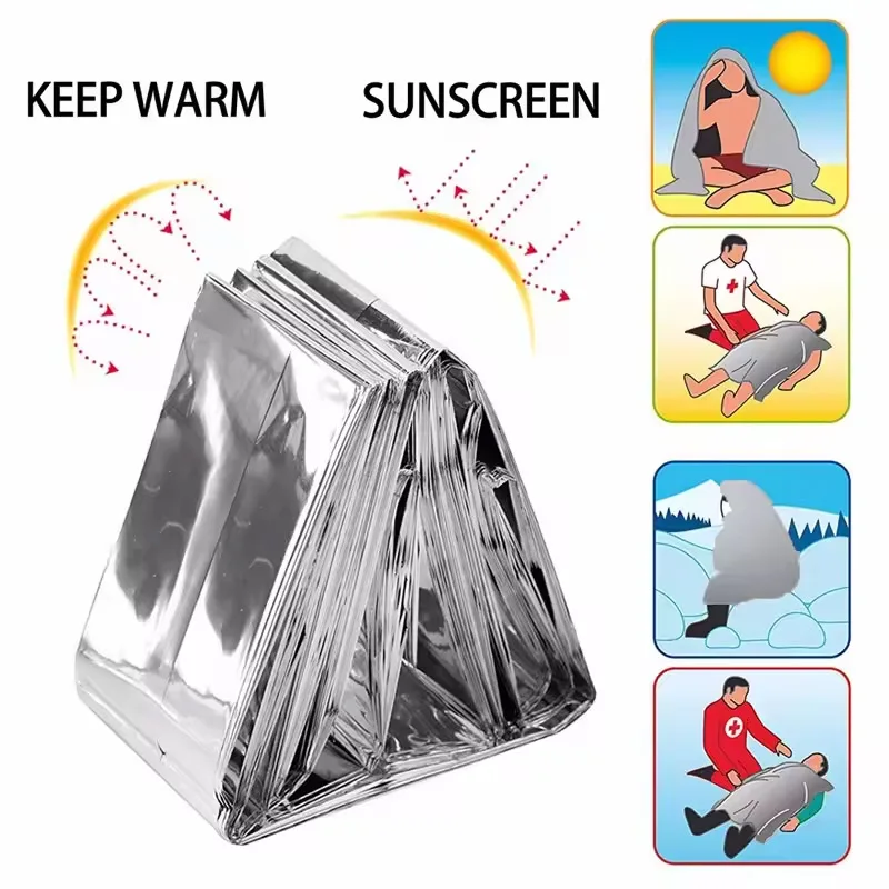 Tragbare Notfalldecke für den Außenbereich, leicht, faltbar, wasserdicht, winddicht, Sonnenschutz, wiederverwendbar, Thermo-Überlebens-Erste-Hilfe-Matte