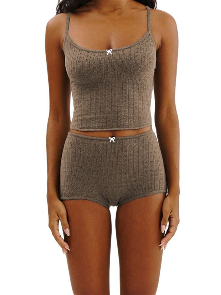 CHRONSTYLE-Conjunto de 2 piezas para mujer, camisola Sexy con tirantes y lazo, Tops cortos, pantalones cortos elásticos de cintura alta, ropa de calle informal de verano 2023
