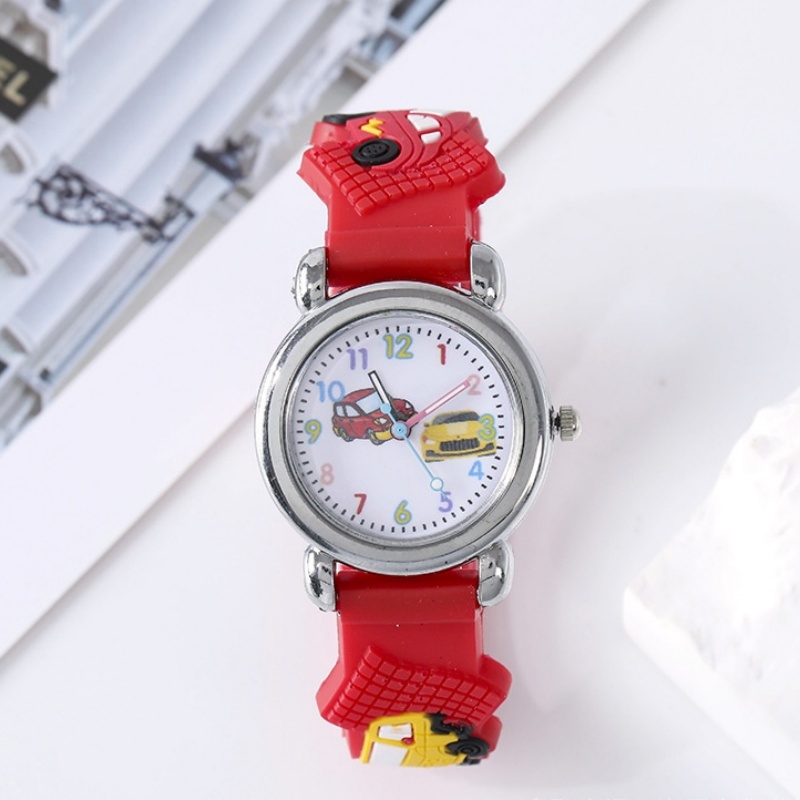 Mode Kleur Cartoon Auto Kinderhorloge Basisschool Jongen Kinderhorloge 3D Siliconen Band Cadeau