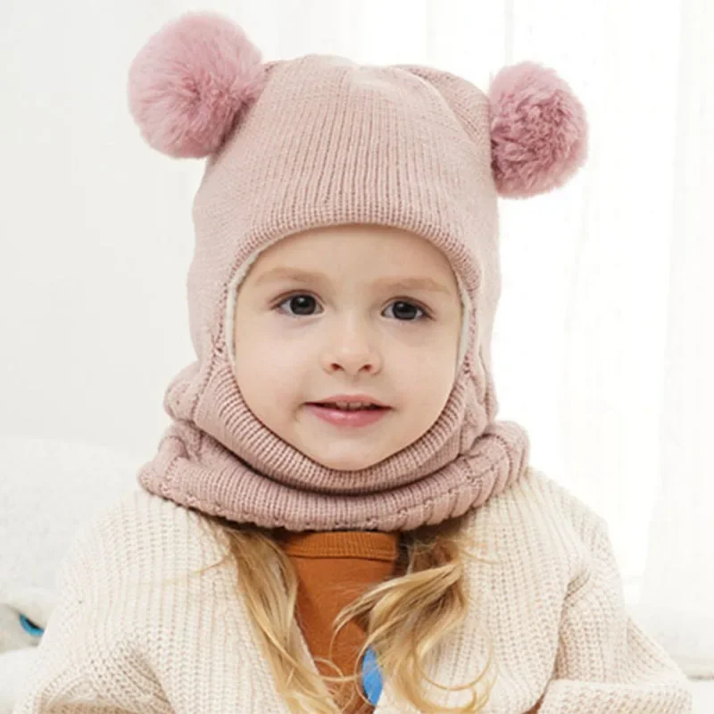 Chapéu de inverno para bebês de 1 a 7 anos, cachecol de uma peça com pompom, chapéu de malha para crianças, boné de bola quente para meninas e meninos, gorros à prova de vento, boné infantil