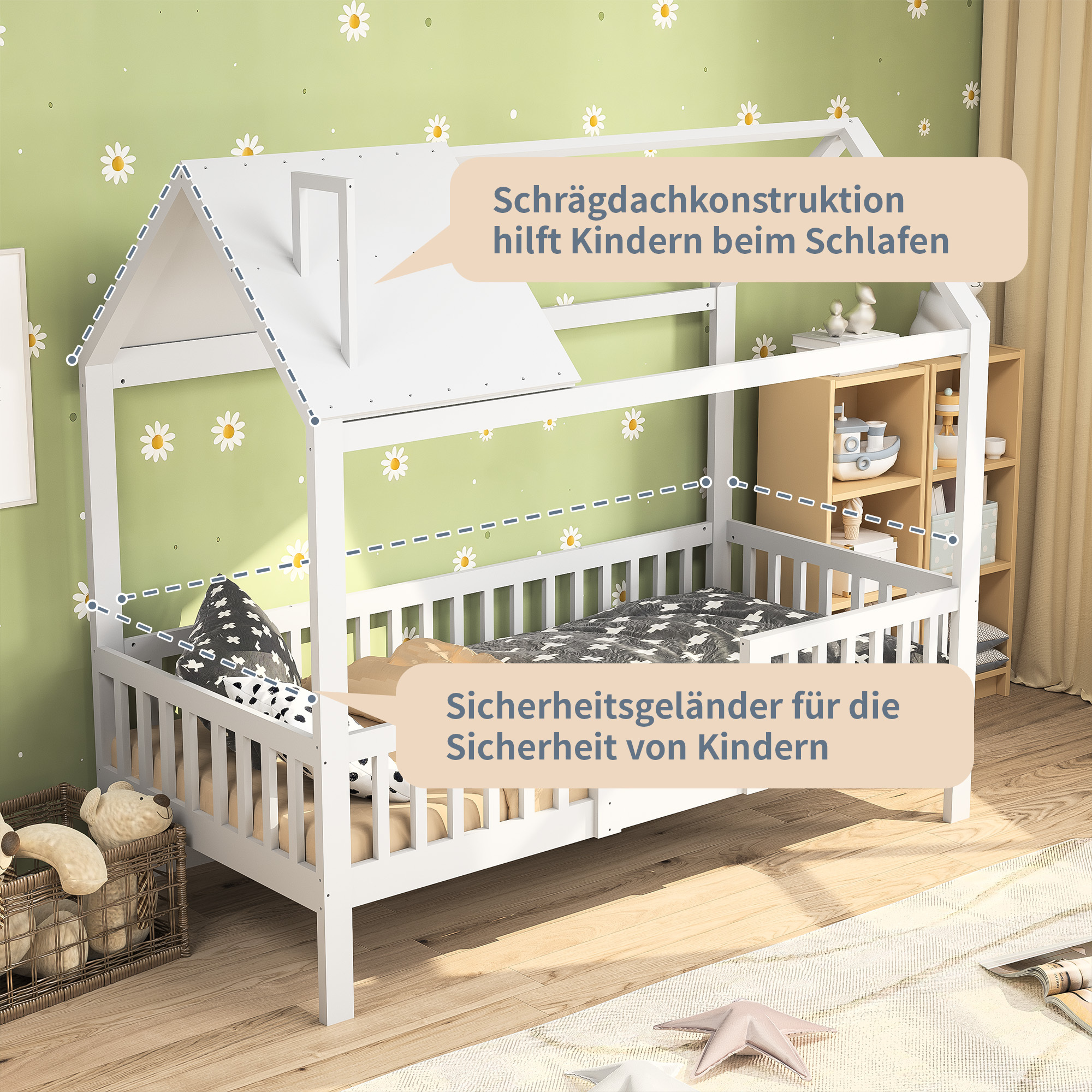 Cama de berço Lazyspace 90x200cm, cama infantil com grade protetora proteção contra quedas, estrutura de cama de solteiro de madeira, sem colchão