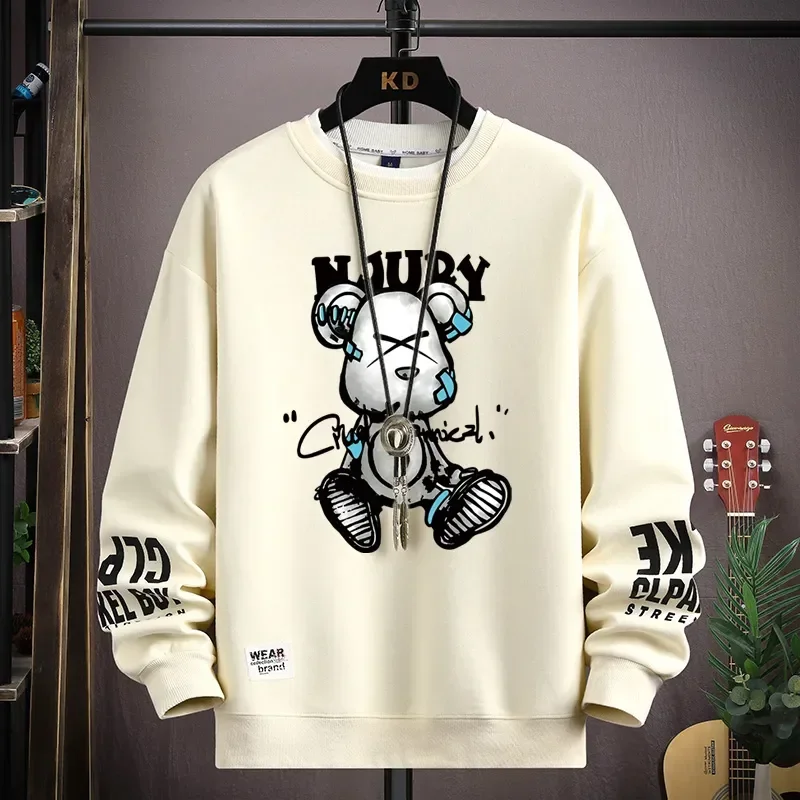 Sudadera de otoño para hombre, camiseta de manga larga con estampado de oso fresco, ropa de moda para hombre, Top de diseño exclusivo Harajuku con cuello redondo de color caqui