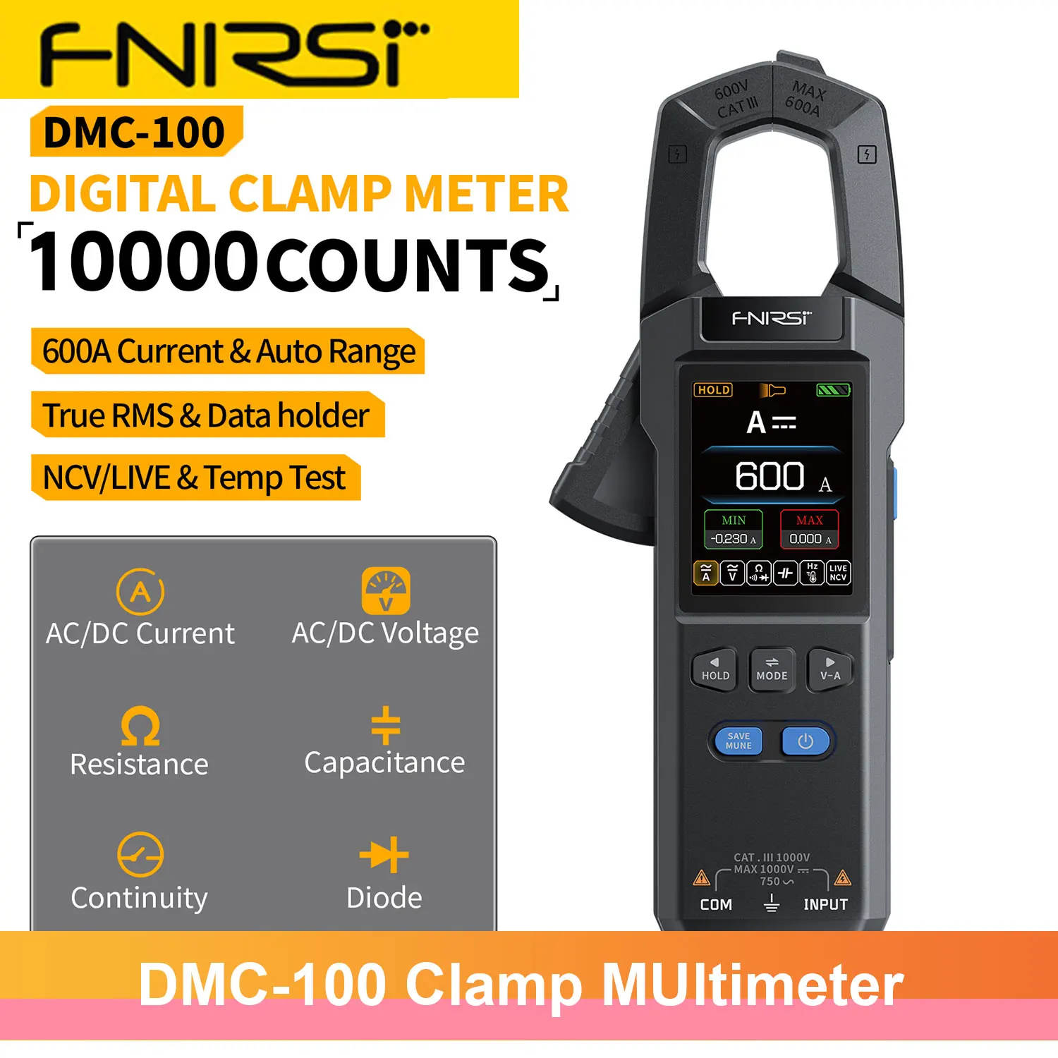 FNIRSI DMC-100 10000 отсчетов, цифровой мультиметр переменного и постоянного тока, зарядка через USB, 600 А, ампеметрические зажимы, инструменты для электрика