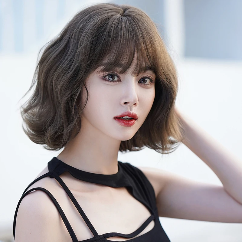 7JHH WIGS คลื่นสั้นสีน้ําตาล BOB วิกผมสําหรับผู้หญิงทุกวันสังเคราะห์ความหนาแน่นสูงแฟชั่นหยัก Cool สีน้ําตาลผมวิกผม Neat Bangs