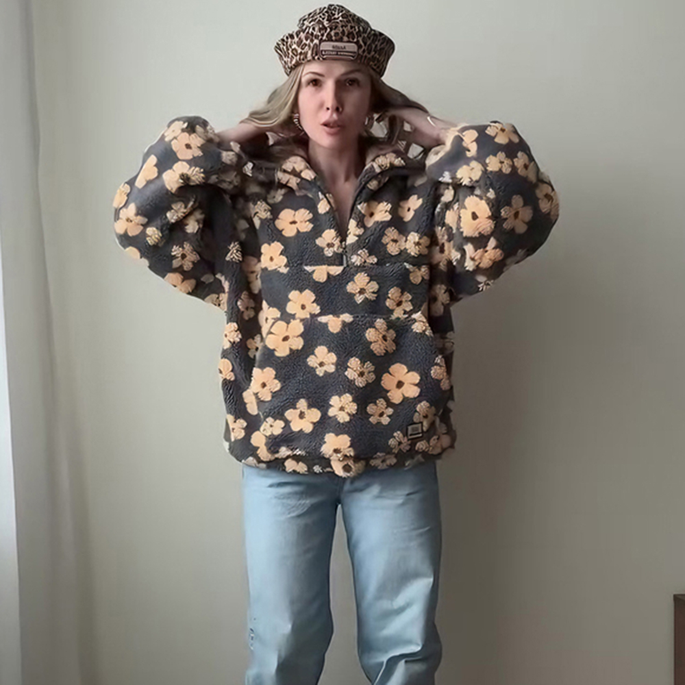 Talenza mode imprimé pull contraste surdimensionné fermeture éclair tricot à manches longues haut décontracté chaud tenue de bureau Vintage femmes sweats