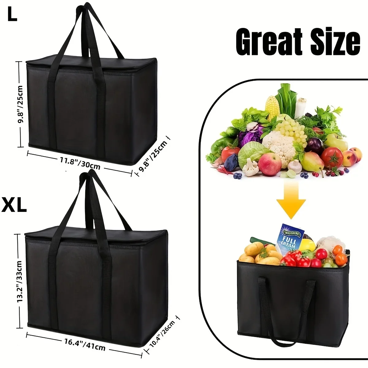 XL/Large Insulated Bag: Keep Food Hot & Cold For Hours - Grocery Tote, Soft Cooler Bag, Pizza Warmer Lightweight & Sturdy Zipper