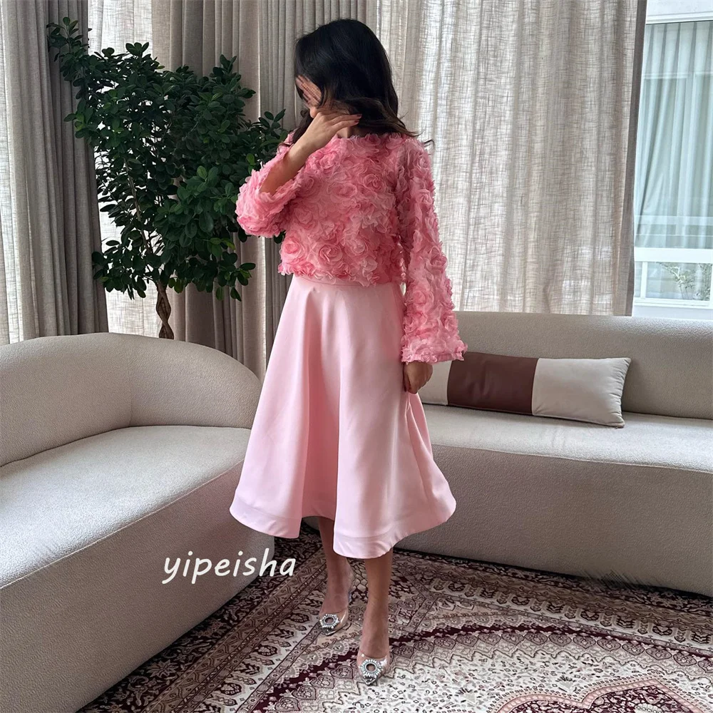 ที่กําหนดเอง Jersey Draped จีบดอกไม้งานแต่งงาน A-Line O-คอ Bespoke โอกาสชุด Midi ชุด