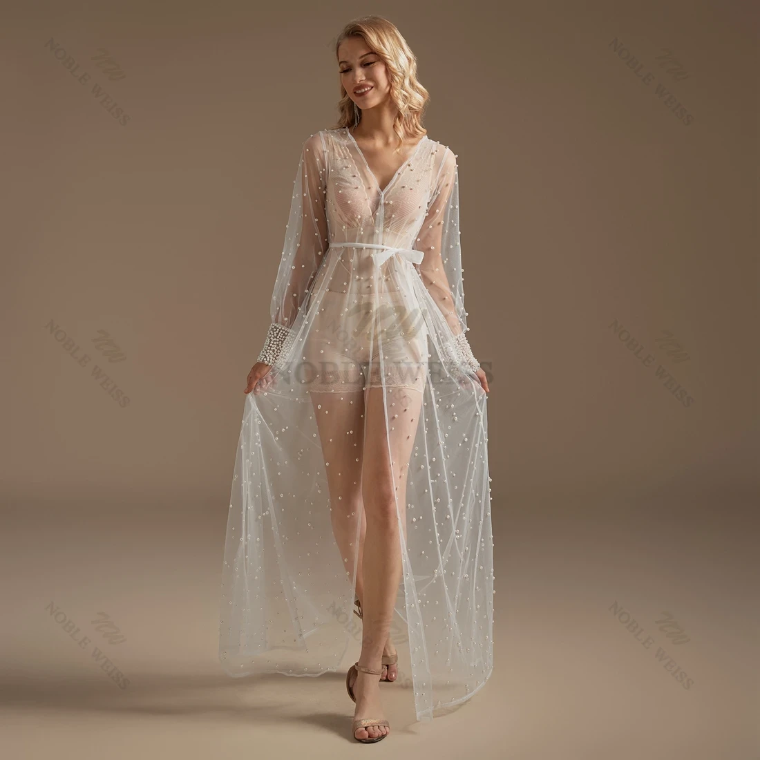 Parel Pols Lange Mouw Bruiloft Jas Tule Gewaad Partij Sjaal BOLERO Vloerlengte Bruids Cape Sexy Parels Lange Jas Aangepaste