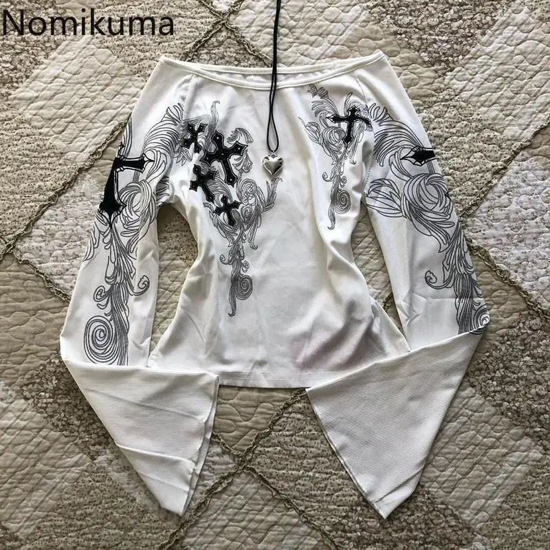 フレアスリーブプリント女性 Tシャツスラッシュネック白 Tシャツ気質 Camisetas 2024 Ropa Mujer ヴィンテージセクシーな Y2k Tシャツトップス