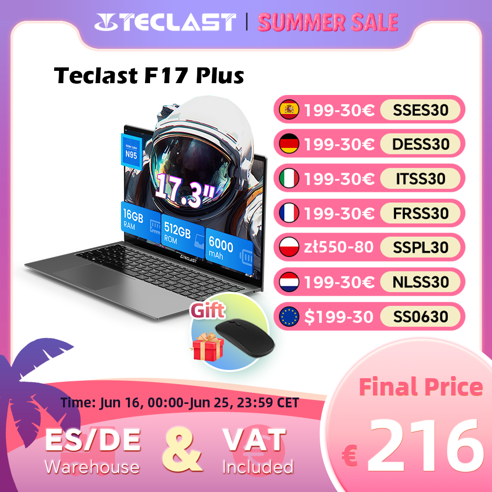 Ordinateur portable Teclast F17Plus 17,3 pouces, 16 Go RAM, 512 Go SSD, Intel N95, Windows 11 Pro, clavier rétroéclairé, ouverture à 180°, mini-HDMI, 3x USB 3.2