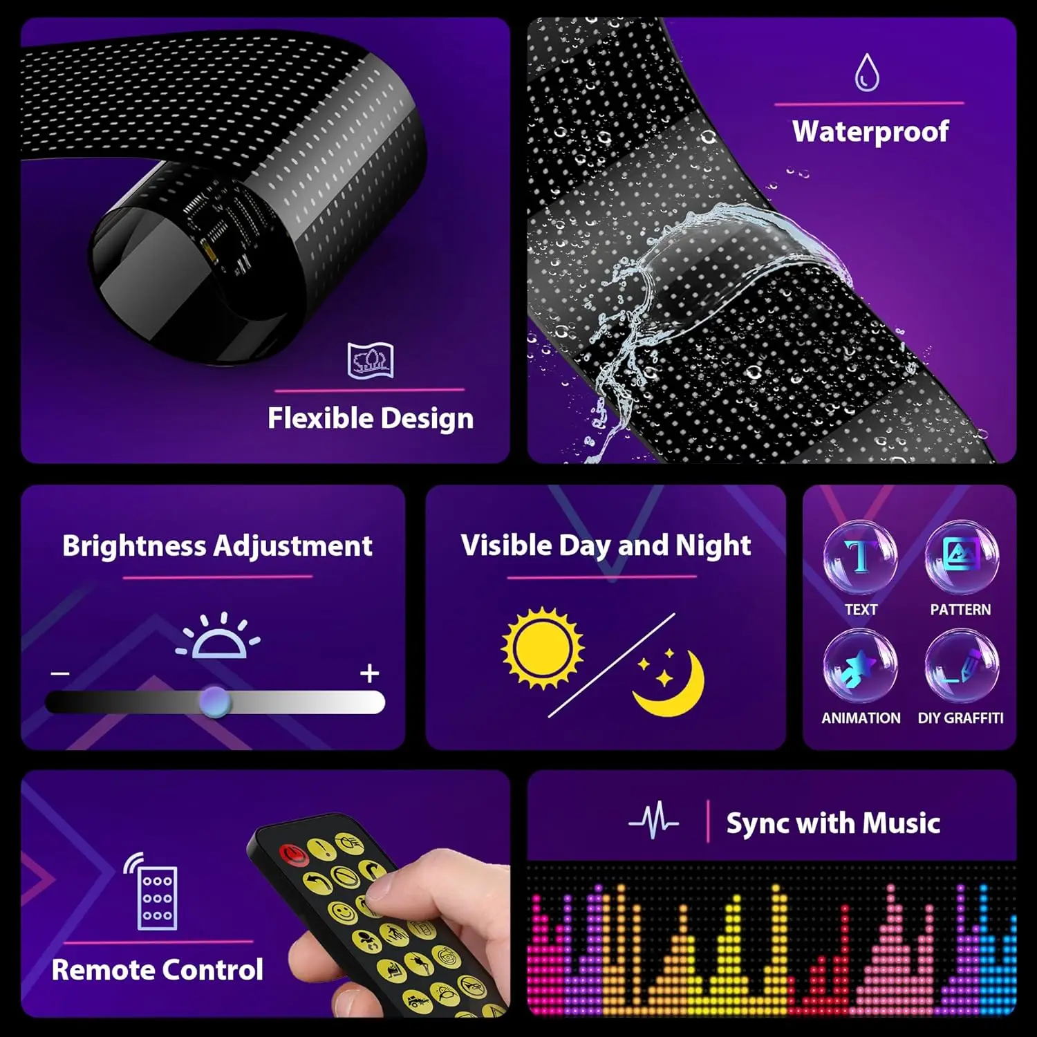 LED Matrix Pixel Panel USB 5V RGB Car Sign Bluetooth App Control Flexible Addressable Pattern Graffiti Scrolling Text Animation