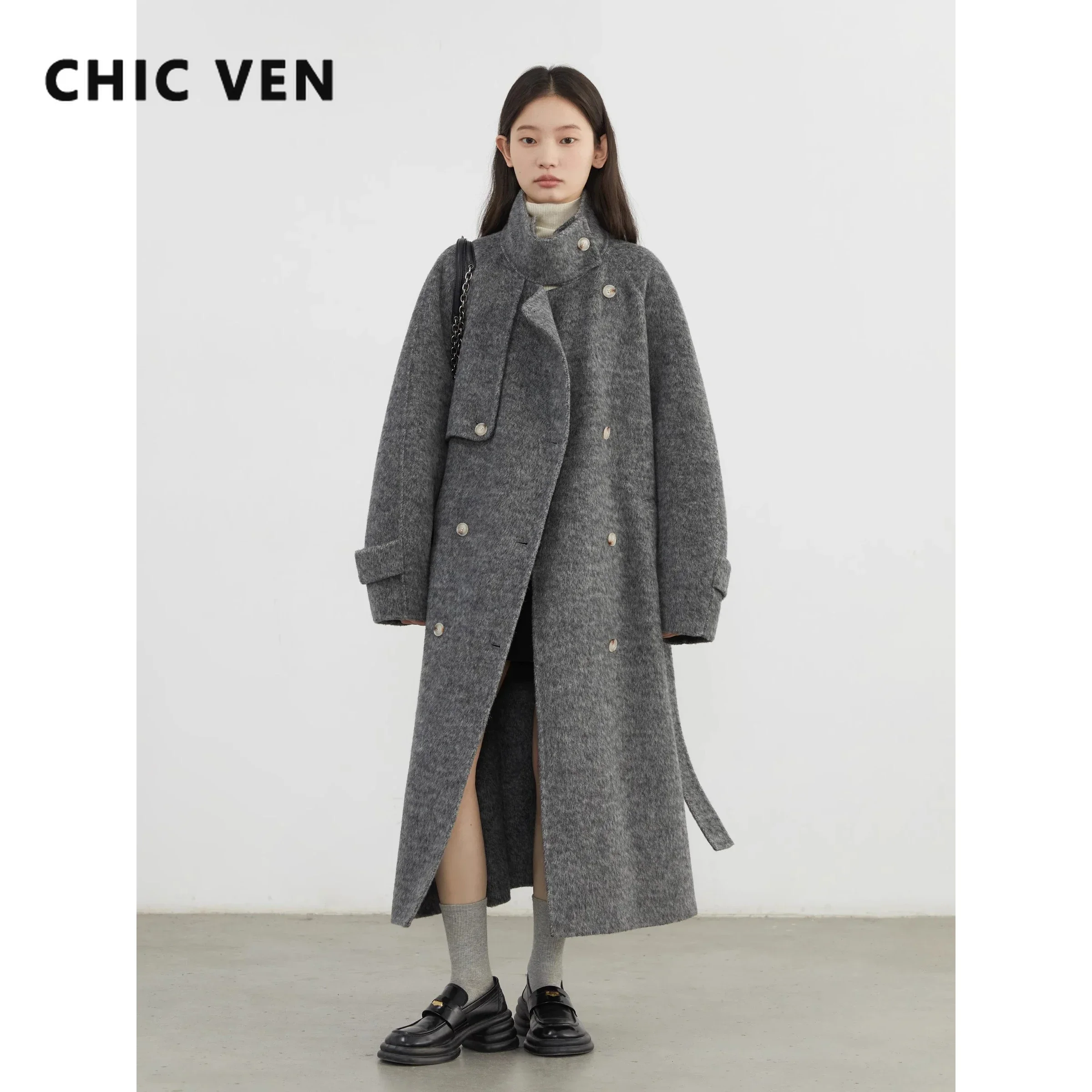 Chique ven casacos de lã femininos soltos gola dupla face casaco feminino outerwear escritório senhoras roupas outono inverno 2024