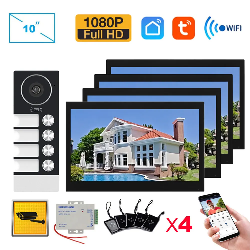 WiFi 10-Zoll-Video-Türklingel-Gegensprechanlage mit RFID-Türklingelkamera, Familie, mehrere Nits, Apartment-Video-Türsprechanlage