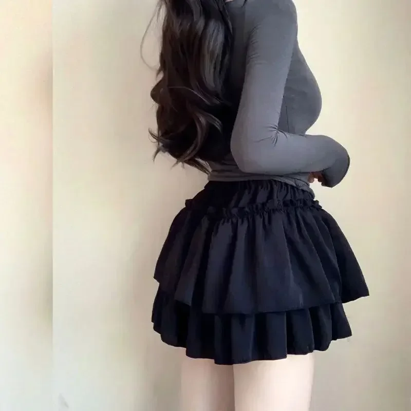 Falda Kawaii de verano con volantes blancos, Mini Faldas de gasa ajustadas a la moda para mujer, Faldas femeninas Y2k que combinan con todo, Faldas negras elásticas de cintura alta