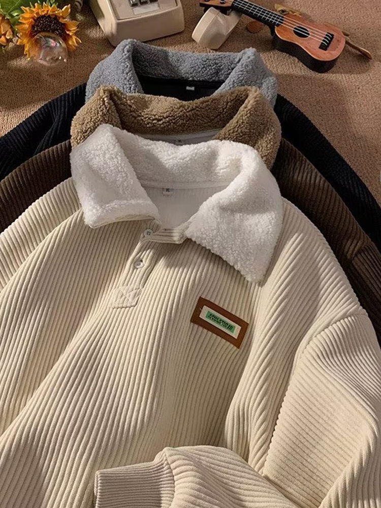Suéter De Cuello Revestido De Piel De Oveja Para Hombre Estilo Japonés Retro Grueso Y Suave Con Forro De Poliéster Para Otoño...