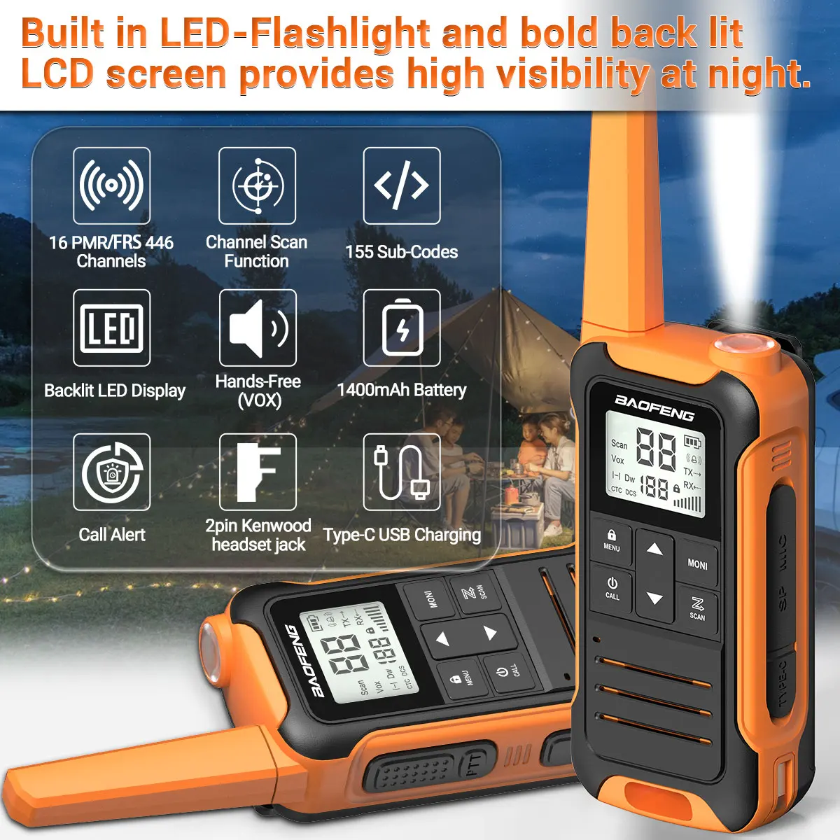 2PCS Baofeng F22 Walkie Talkie PMR FRS Long Range Mini Rechargable Type-C Charger Portable Two Way Radio For Hiking