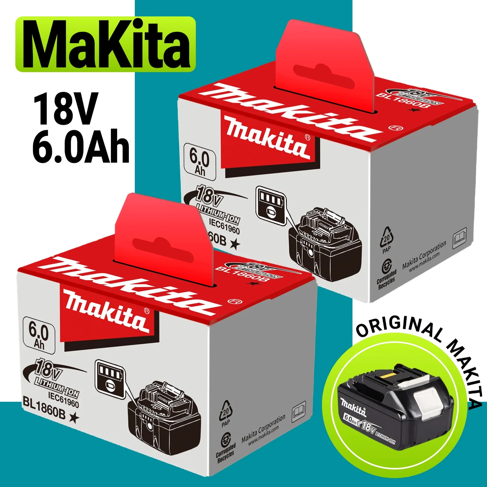 100% оригинальный аккумулятор Makita 18 В 6,0 Ач, для аккумулятора для электроинструментов Makita BL1830, BL1830B, BL1840, BL1840B, BL1850 BL1860B