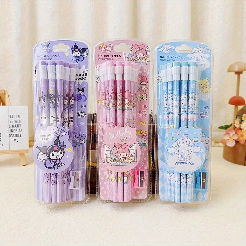 Clearance_12pcs Sanrio Cinnamoroll Kuromi Lápis HB de desenho animado fofo, 12 lápis e 1 conjunto de caixa de papelaria com rolo de lápis, escrita e Dr