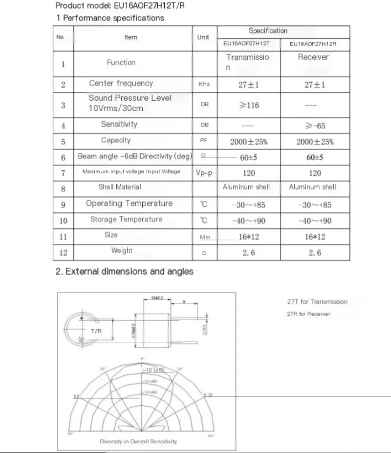 10 50 PCS TCT27-16T/R (split type) probe 16mm 27khz ultrasonic drive dog Transmit Receive Ultrasonic open sensor 16mm 27khz