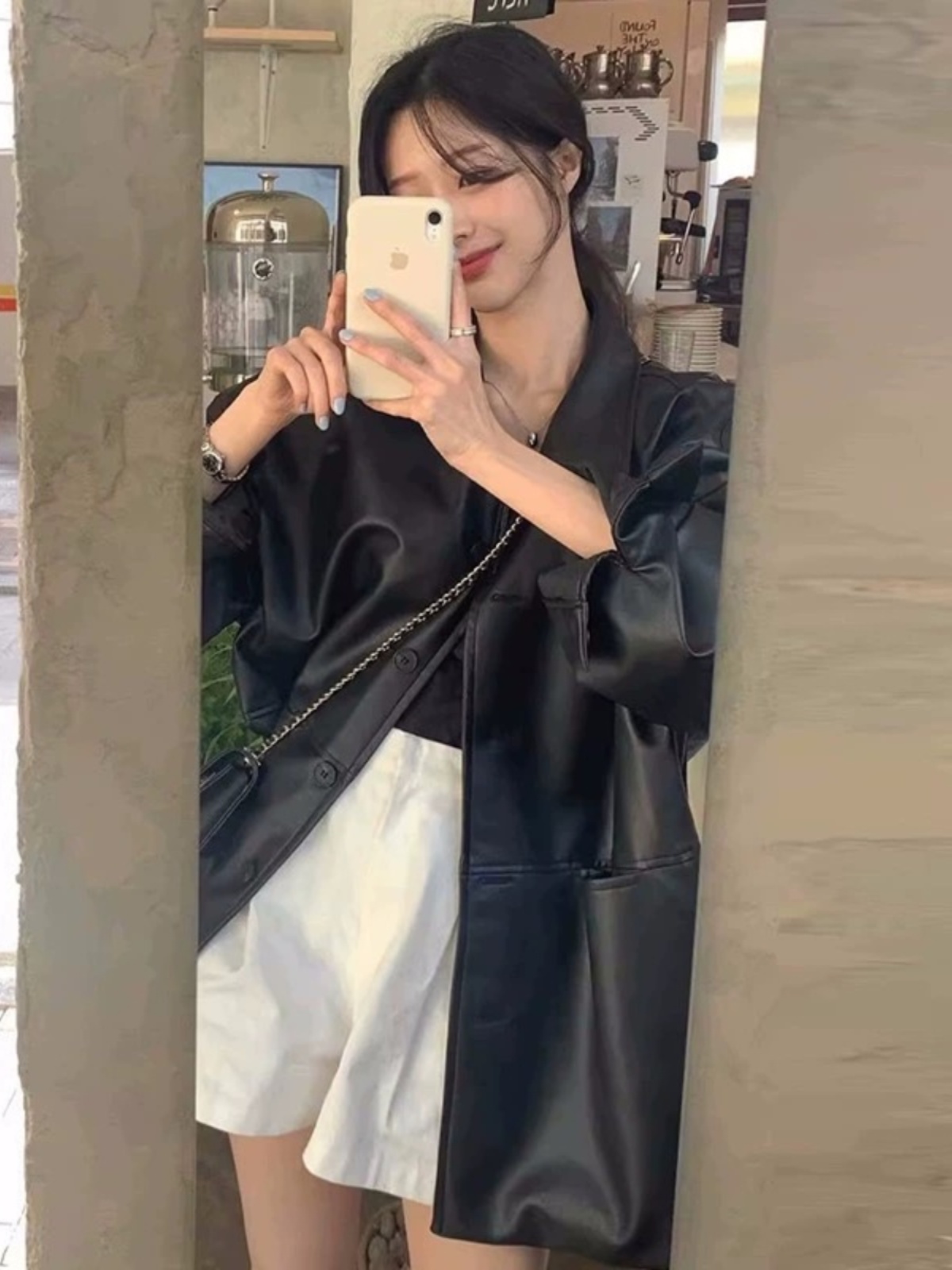 Chic Summer PU Leather Jacket Women's Loose Long Sleeve Polo Collar Single Button Casual Versatile Outerwear Fashionable