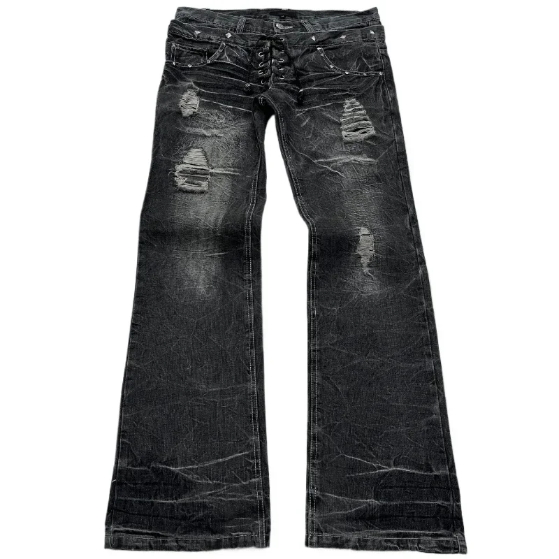 Modische High Street Doppeltaille Schnürung Micro Flared Damen Jeans Y2K Retro Harajuku gewaschenes Design für Herren- und Damenjeans