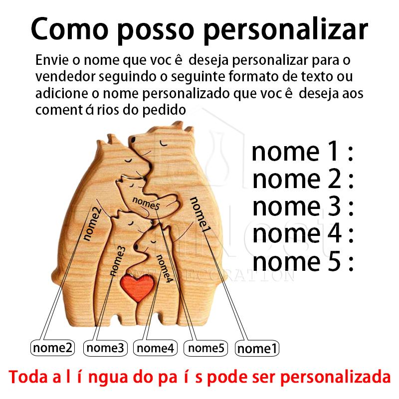 Arte de madeira urso família quebra-cabeça nome personalizado decoração para casa ação de graças natal coraçãowarming presente para bebê mãe