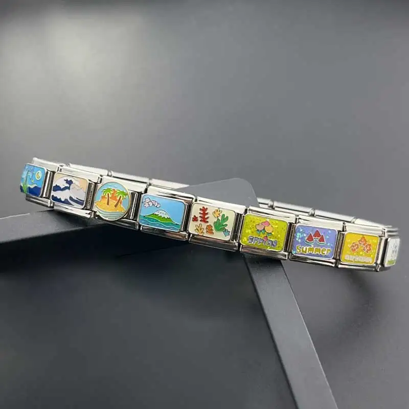 ステンレス鋼のブレスレットチャーム,9mmモジュール,DIY,スプライス,キュートでフレッシュ,惑星の風景,山のジュエリー作りチェーン