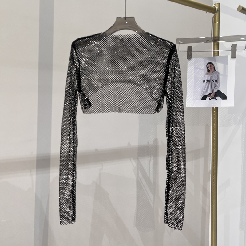 2023 新しいセクシーな明るいダイヤモンドショートトップスリム薄いさんホットドリル長袖 Tシャツセクシーなリークウエストナイトクラブ
