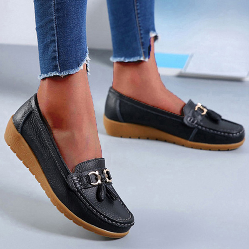 Echtes Leder Frauen Wohnungen Mode Lässig Frauen Schuh Mokassins Schuhe Frau Slip Auf Flache Schuhe Schwarz Damen Schuhe Plus Größe