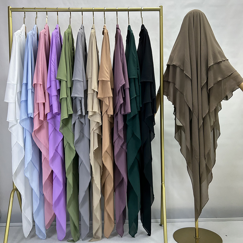 Três Camadas Chiffon Khimar com Cordas Niqab para Mulheres Muçulmanas, Vestuário de Oração Islâmica, Longo Hijab, Alta Qualidade, EID, Ramadã, Atacado