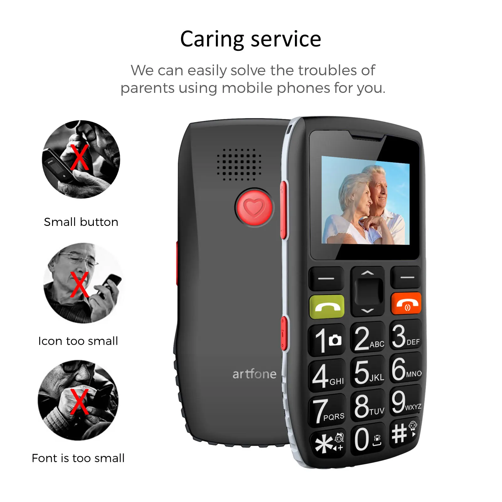 Artfone C1 +-teléfono móvil con base de carga gratuita para personas mayores, smartphone con teclado grande de goma, Sim Dual, una tecla, SOS, FM, 1400mAh