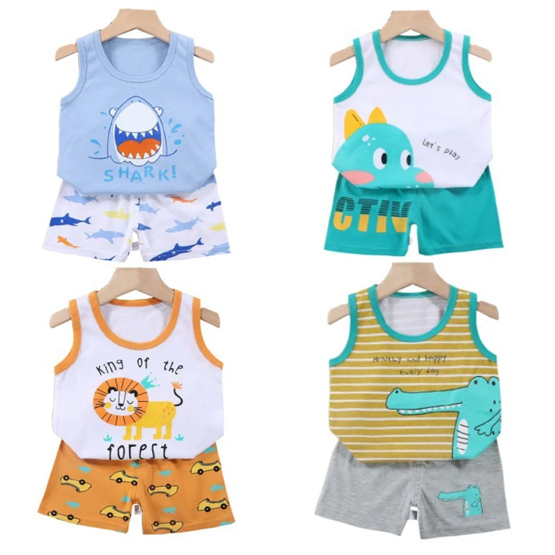 Conjunto de ropa de 2 piezas con chaleco y pantalones cortos, pijamas de León de dibujos animados, chándal informal de algodón para niños y niñas de 1 a 6 años