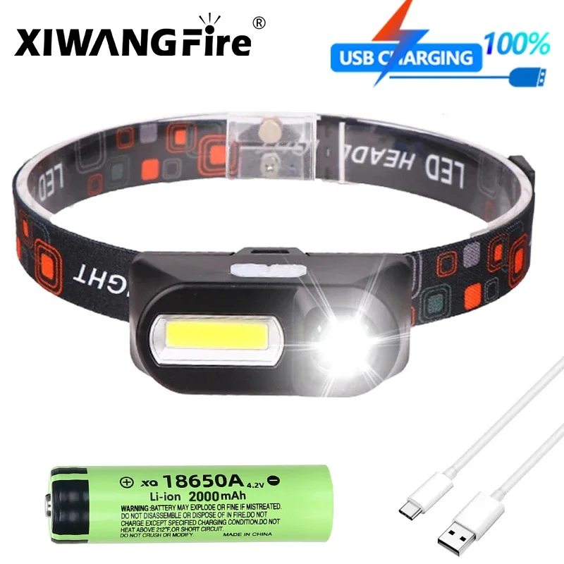 Potente linterna frontal COB + LED 18650 2000MaH, recargable, resistente al agua, linterna de cabeza brillante para acampar y ciclismo