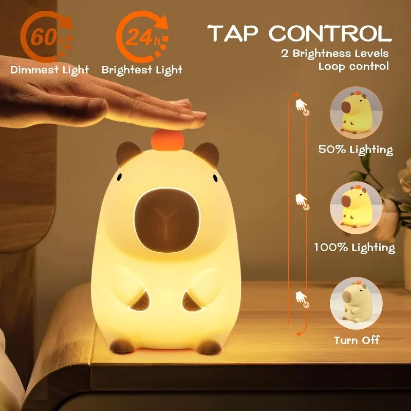 Moderne Capybara-Nachtlichtlampe mit Tiermotiv und Touch-Control-Timer-Funktion, wiederaufladbar über USB, für verschiedene Räume, perfektes Geschenk