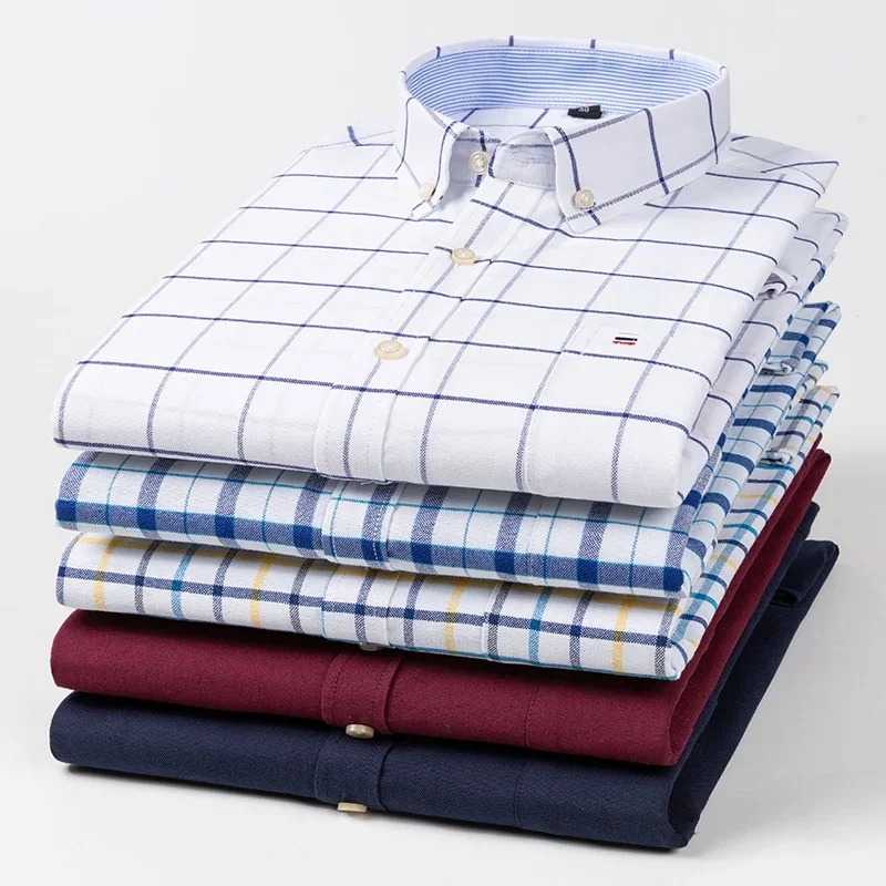 Camisa de vestir Formal a rayas con estampado de cuadros de Color sólido ajustada informal de manga larga 100% algodón a la moda Oxford para hombre de talla grande