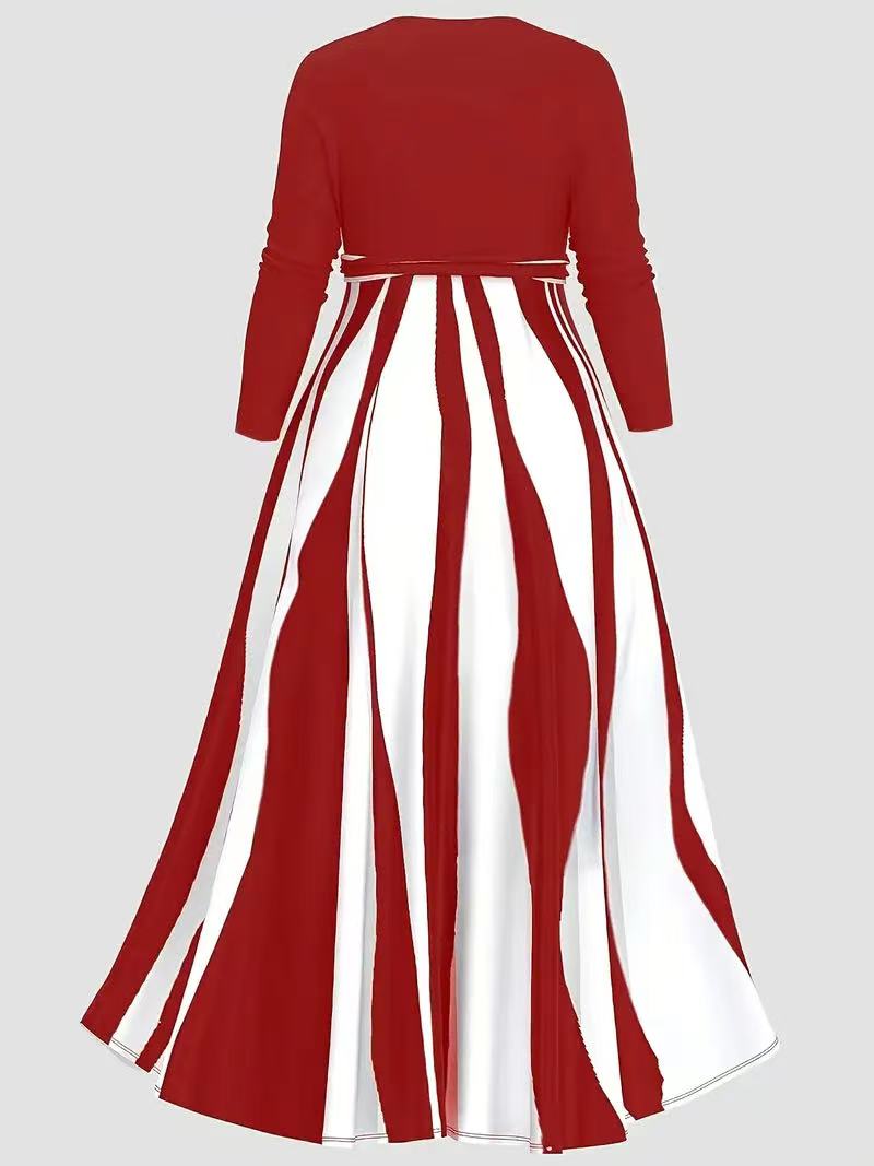 Elegantes, langärmliges, gestreiftes Farbblock-Kleid für Damen in Übergröße mit V-Ausschnitt