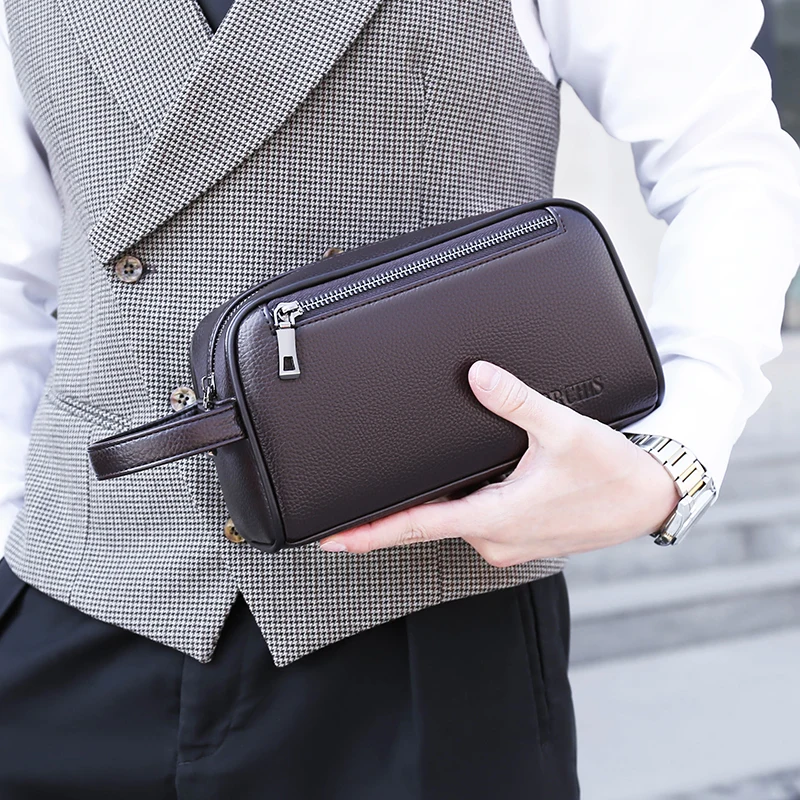 High Quality Top Layer Cowhide Double Zipper Handbag Anti-theft Wallet Card Bag Password Lock Buckle Bag For Men's Sacoche Homme