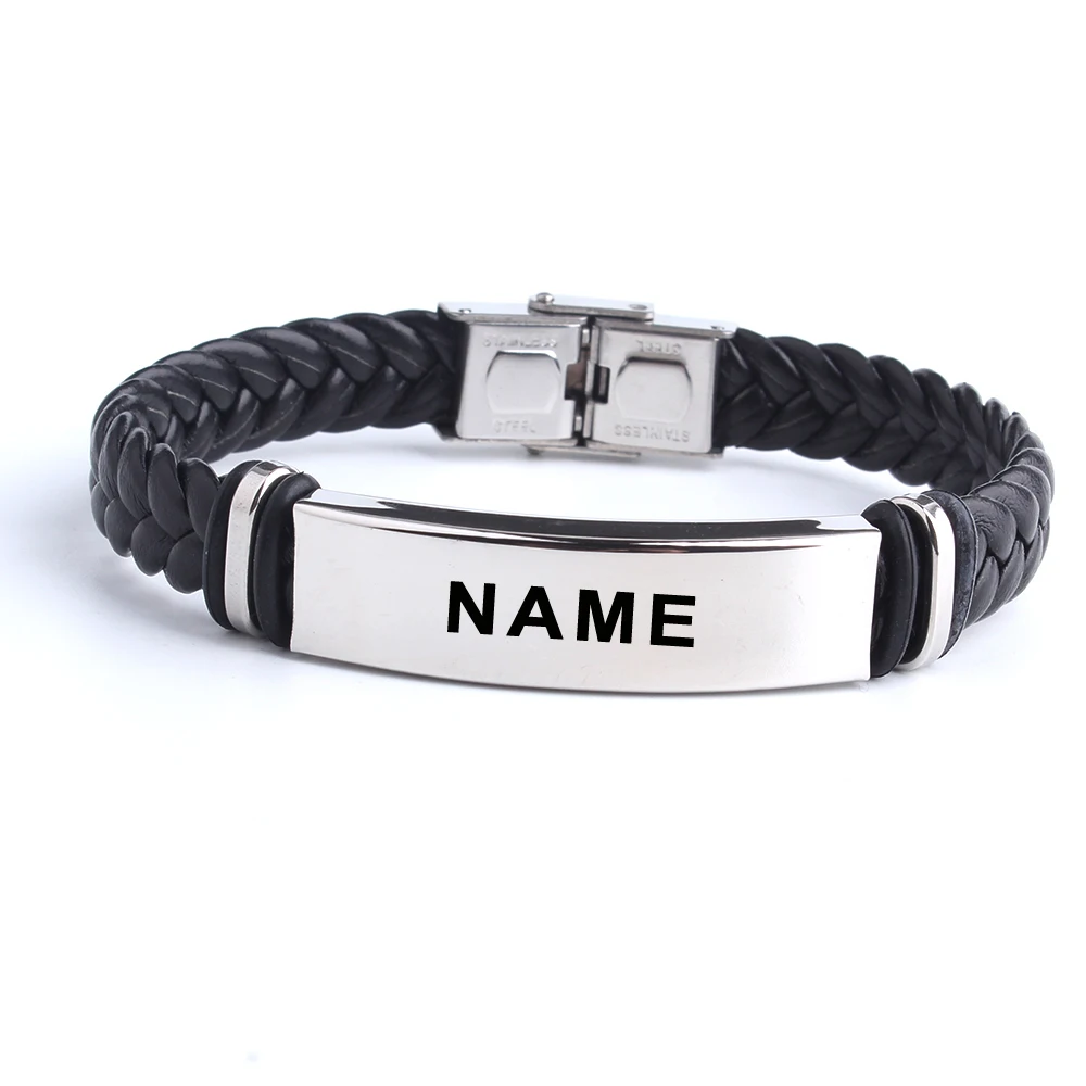 Brazalete y pulsera de cuero con texto grabado de nombre y logotipo personalizado Punk SOS, pulseras de acero inoxidable personalizadas para mujeres y hombres, pulsera de identificación