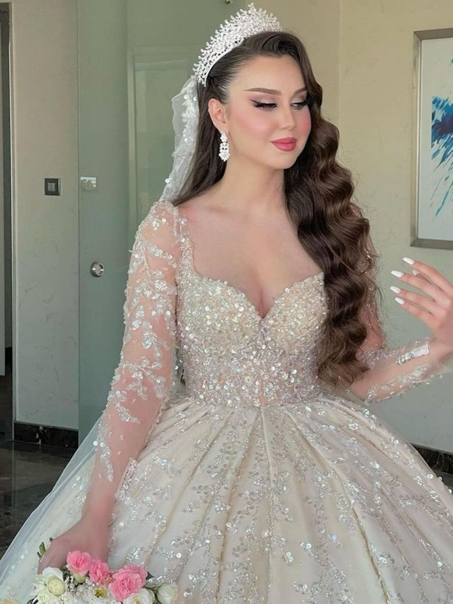 Passen Sie das wunderschöne elfenbeinfarbene Hochzeitskleid mit Pailletten und Perlen, Illusion, Ballkleid, langärmelig, saudi-arabisches Brautkleid, Vestidos de Novia
