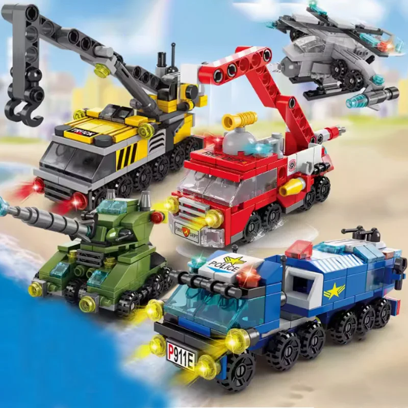 Blocos de montagem de quebra-cabeça infantil, caminhões de bombeiros, carros de polícia, ambulâncias, aviões, tanques, meninos, presente de aniversário, modelos, ornamentos