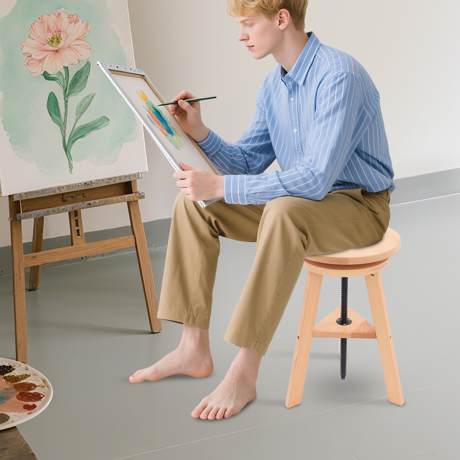 48-65.5cm Painting Stool with Adjustable Height, Artist Stool, Wood Bar Stool, Kitchen Stool for Galleries, schools, offices
