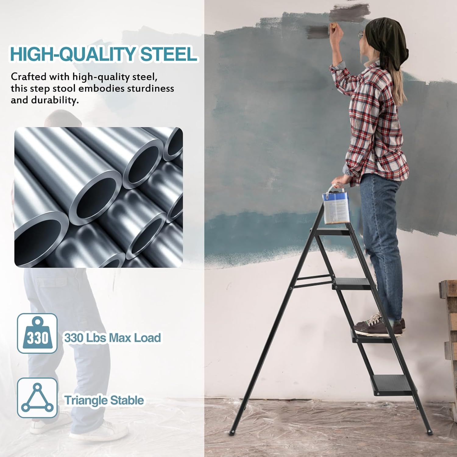 Lightweight portable collapsible folding sturdy steel metal step stool with non-slip wide pedals, heavy duty 330 lb capacity