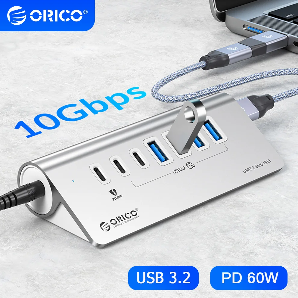 ORICO 10 Гбит/с USB 3.2 док-станция концентратор типа C разветвитель PD 60 Вт зарядный адаптер мульти 4/7 портов коммутатор для ПК ноутбук аксессуары