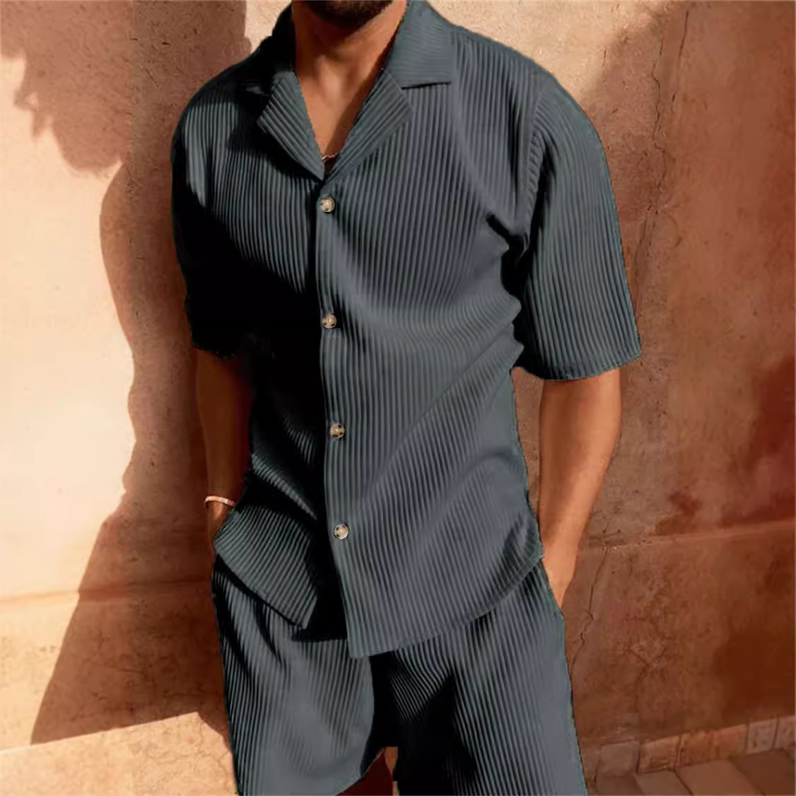 Nouveaux hommes velours côtelé décontracté à manches courtes chemise Shorts costume plage Style décontracté revers col course formation costume