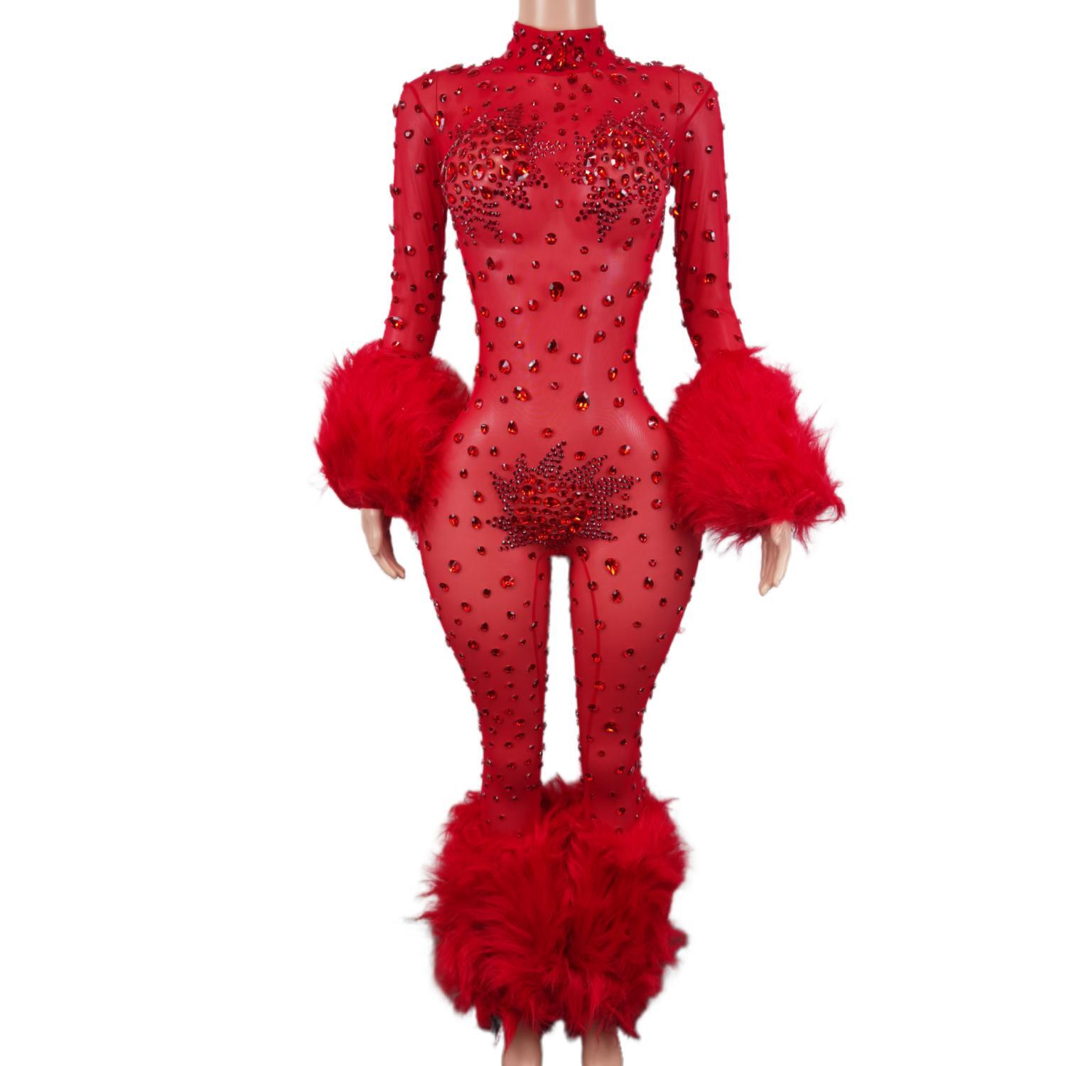 Glisten Crystal Red Jumpsuit Sexy Hairy Rhinestones Dress Women Outfit Nightclub Singer Costume Stage Dance DS Clothing Guibin