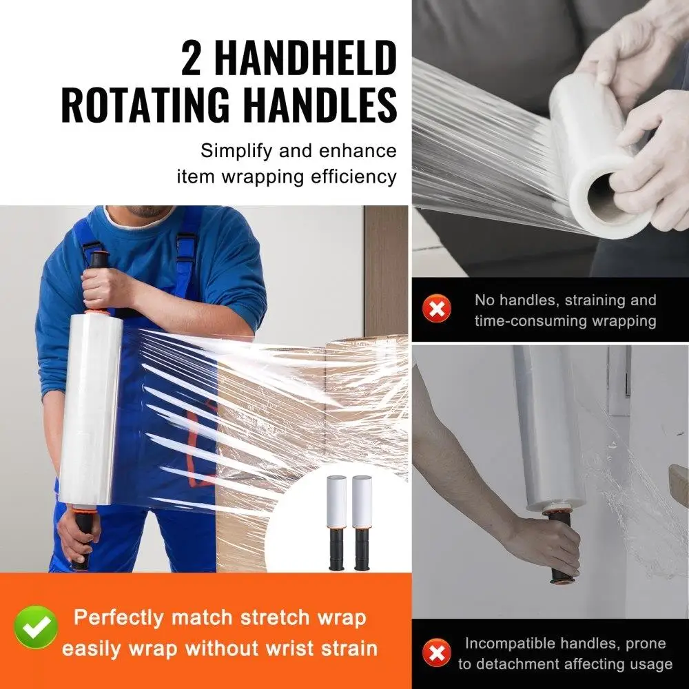 2-Pack 15 x 1200ft Heavy Duty Stretch Film - 80 Gauge Clear Wrap with Handles for Shipping, for pallet Wrapping & Moving
