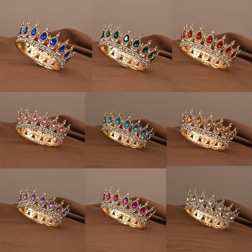 Tiara de princesa europea de Reina, coronas redondas barrocas para desfile, corona completa de cristal, Tiaras de rey, accesorios para el cabello de boda