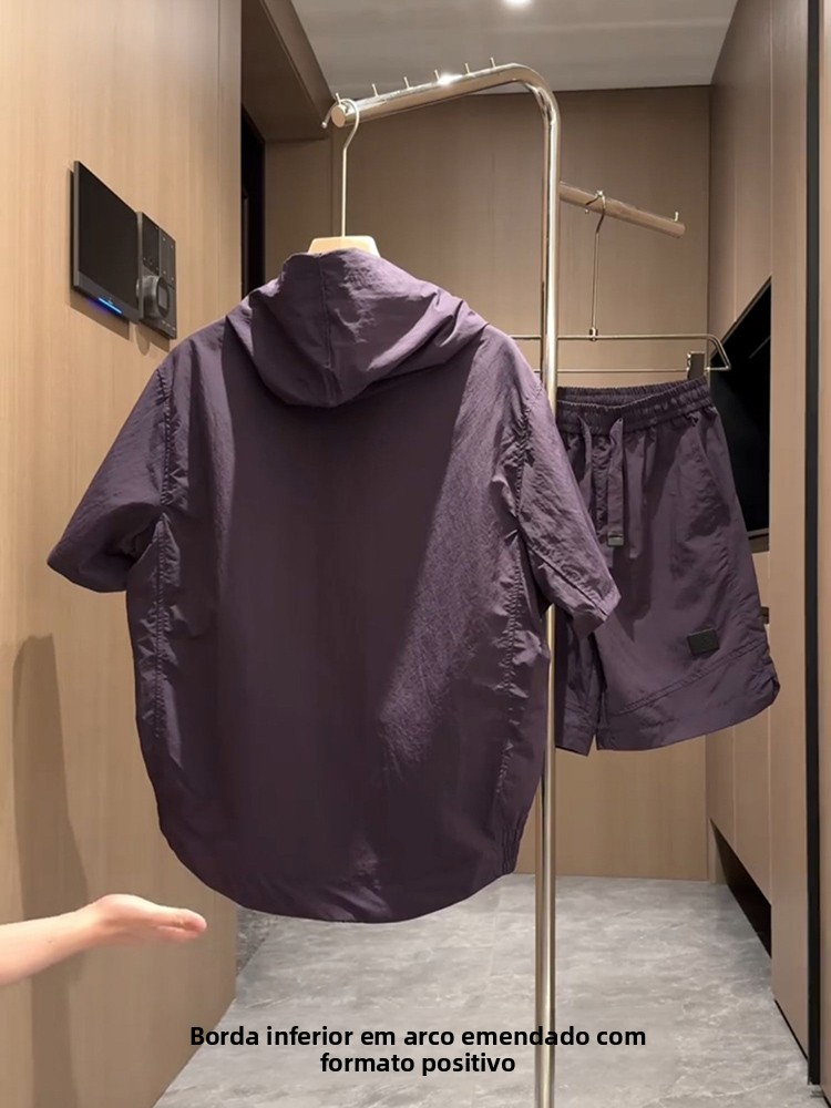 Conjunto de Roupas Casuais de Verão em Seda Gelada, Mole Solto de Manga Curta e orts, Conjunto de Duas Peças para Homens...